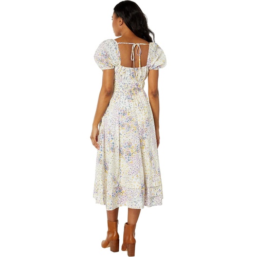  1.STATE Printed Puff Short Sleeve Ruched Seamed Bodice Midi Dress