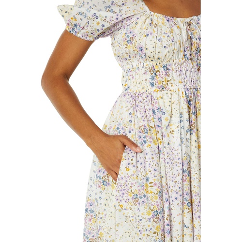  1.STATE Printed Puff Short Sleeve Ruched Seamed Bodice Midi Dress