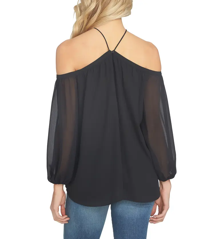  1STATE 1.STATE Off the Shoulder Sheer Chiffon Blouse_RICH BLACK