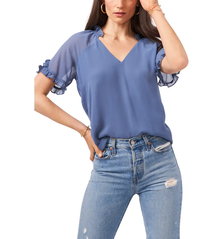  1STATE 1.STATE Ruffle Sleeve Mixed Media Top_BLUE DENIM HEATHER