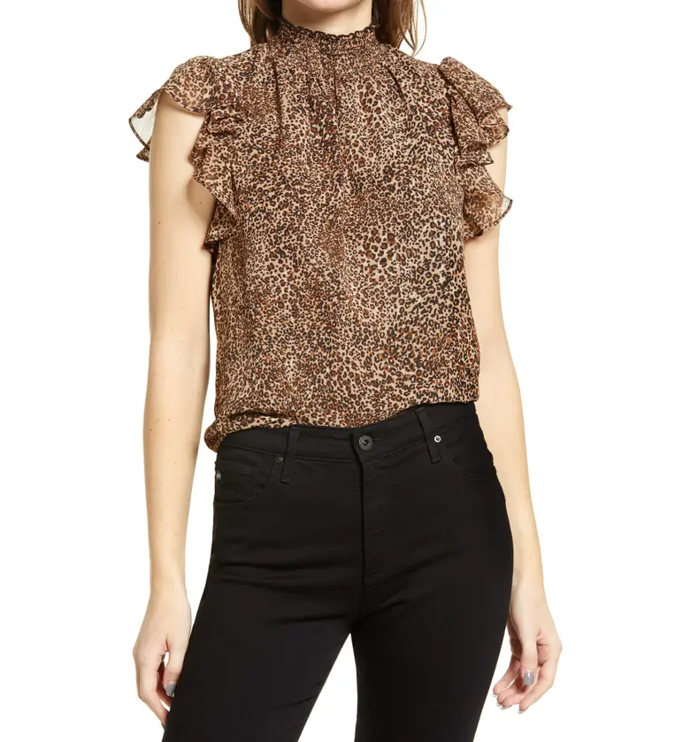 1STATE 1.STATE Flutter Sleeve Smocked Neck Blouse_LEOPARD MUSES