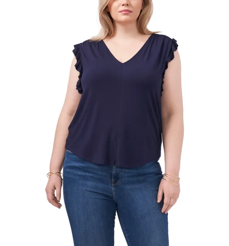 1STATE 1.STATE V-Neck Ruffle Knit Top_TWILIGHT NAVY