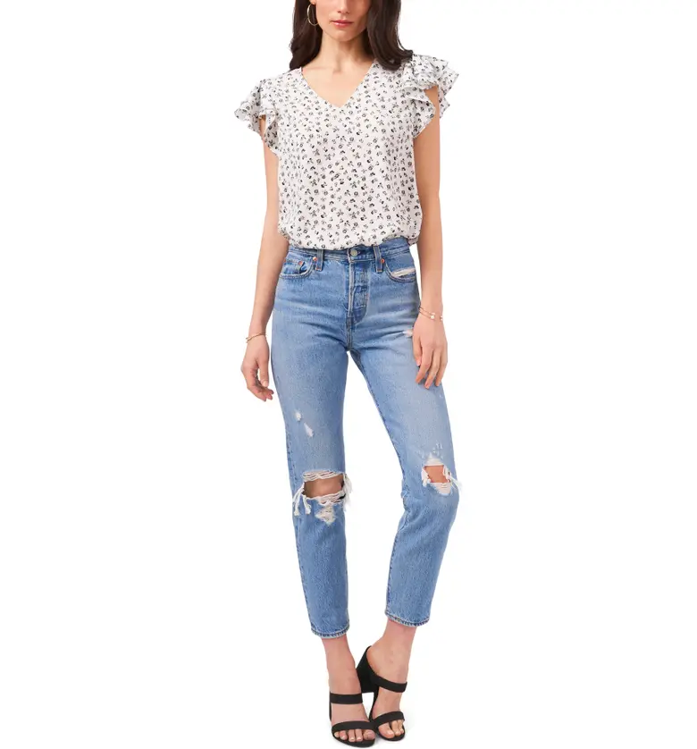  1STATE 1.STATE Print V-Neck Ruffle Sleeve Top_DELICATE FLOWER WHITE