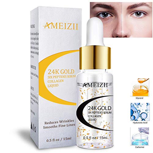  AMEIZII 24K Gold Six Peptides Serum Collagen Liquid Moisturizer Anti Wrinkle Serum for Face Skin Care Moisturizing Essence