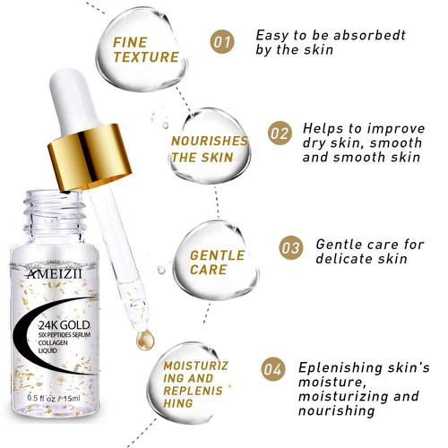  AMEIZII 24K Gold Six Peptides Serum Collagen Liquid Moisturizer Anti Wrinkle Serum for Face Skin Care Moisturizing Essence