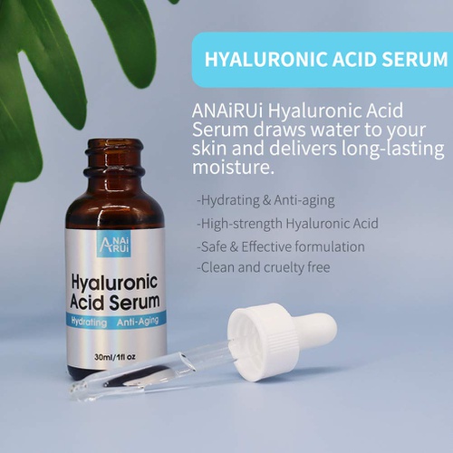  ANAIRUI Hyaluronic Acid Serum, 100% Pure Low Molecule Hyaluronic Acid with Aleo Vera and Antioxidants, Face Plumping Lifting Deep Hydrating Serum, Anti Dryness and Wrinkles, Fine L