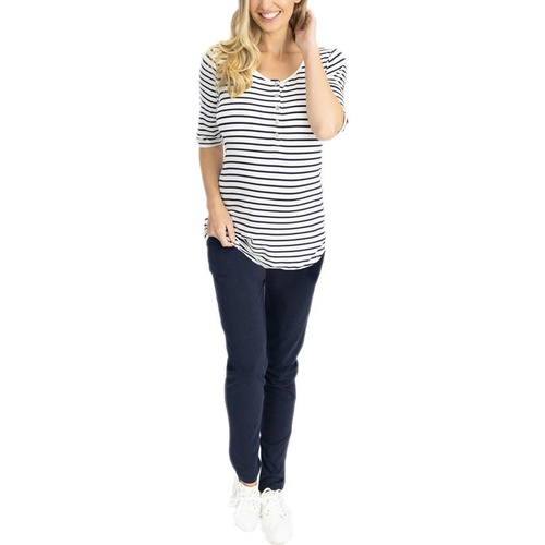  Angel Maternity Maternityu002FNursing Henley & Lounge Pants Set_NAVY WHITE STRIPE