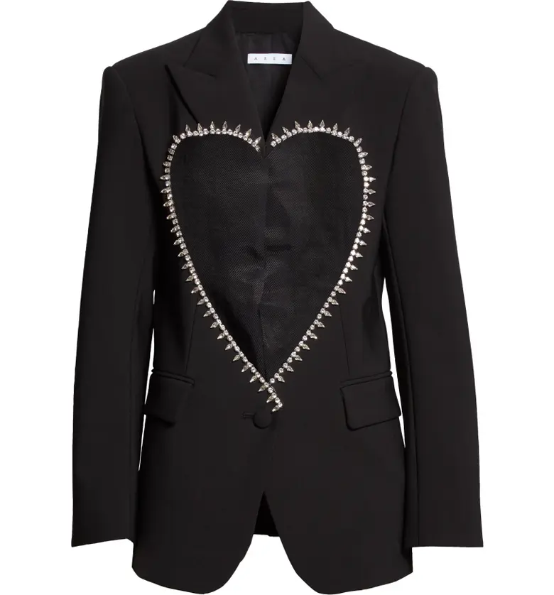  Area Womens Crystal Embellished Heart Cutout Blazer_BLACK