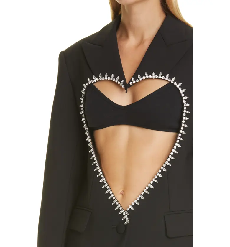  Area Womens Crystal Embellished Heart Cutout Blazer_BLACK