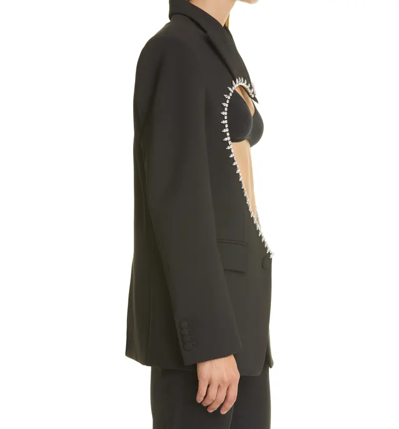  Area Womens Crystal Embellished Heart Cutout Blazer_BLACK