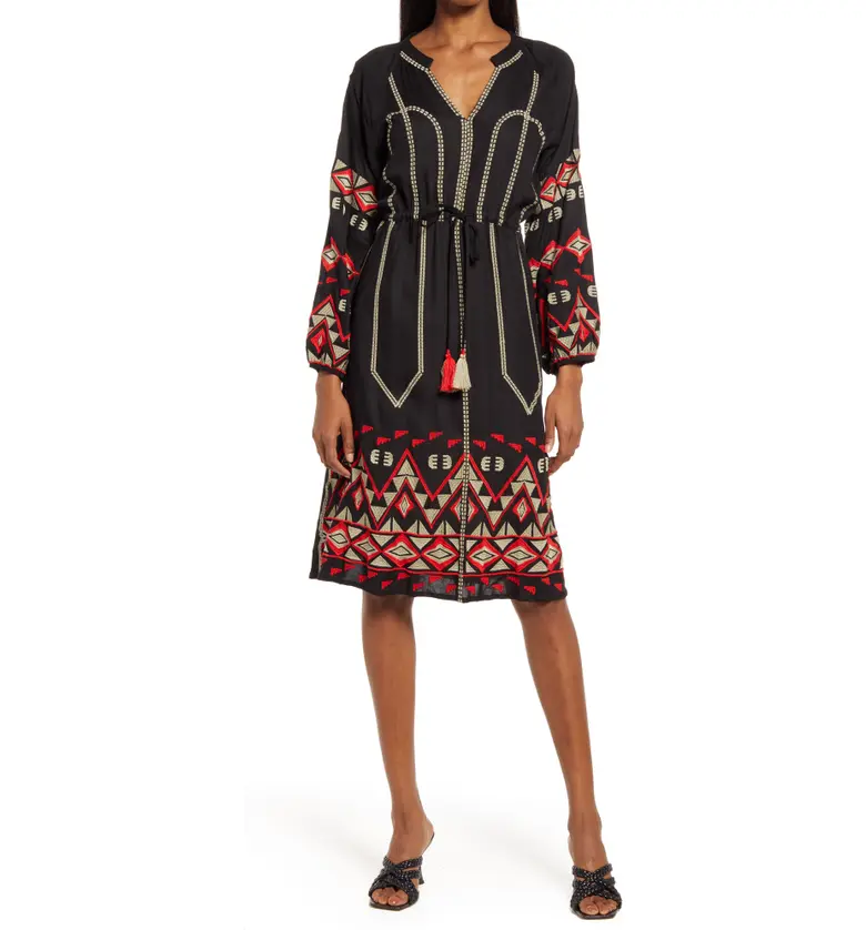 Area Stars Bryant Embroidered Long Sleeve Dress_BLACK