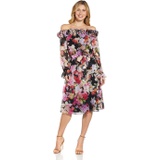 Adrianna Papell Printed Chiffon Flora Off-the-Shoulder Ruffle Dress with Long Sleeves