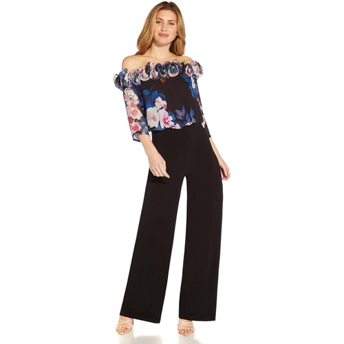  Adrianna Papell Floral Chiffon and Jersey Off-the-Shoulder Jumpsuit