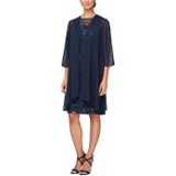 Alex Evenings Short Embroidered Dress with Elongated Illusion Jacket