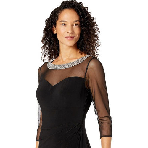  Alex Evenings Long Illusion 3/4 Sleeve Side Ruched Dress w/ Embellished Neckline