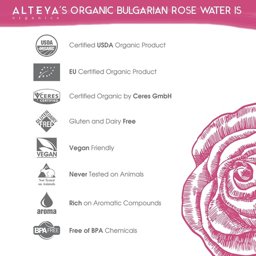  Alteya Organics Bulgarian Rose Water Toner - USDA Organic, Award-Winning, Organic Toner Mist, 8.5 oz/250ml