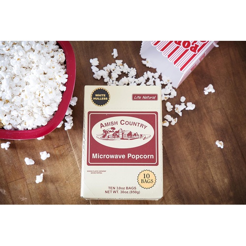  Amish Country Popcorn | Old Fashioned Microwave Popcorn | 10 Bags Lite Natural White Hulless | Old Fashioned, Non GMO, Gluten Free, Microwaveable and Kosher with Recipe Guide (10 B