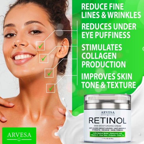  Arvesa Anti Aging Retinol Moisturizer Cream for Face, Neck & Decollete - Made in Usa - Wrinkle Cream for Women and Men with Hyaluronic Acid and Active Retinol 2.5% - Day and Night - Resul