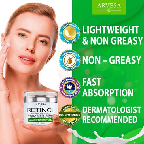  Arvesa Anti Aging Retinol Moisturizer Cream for Face, Neck & Decollete - Made in Usa - Wrinkle Cream for Women and Men with Hyaluronic Acid and Active Retinol 2.5% - Day and Night - Resul