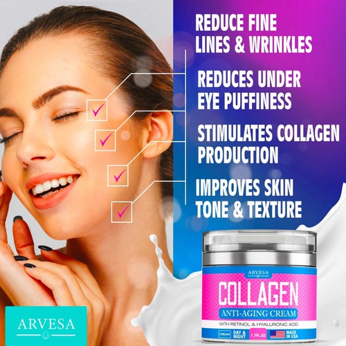  Arvesa Collagen Cream - Anti Aging Face Moisturizer - Day & Night Wrinkle Cream - Boosted with Hyaluronic Acid & Vitamin A+E - Natural Firming Cream for Fine Lines & Wrinkles - Made in Us