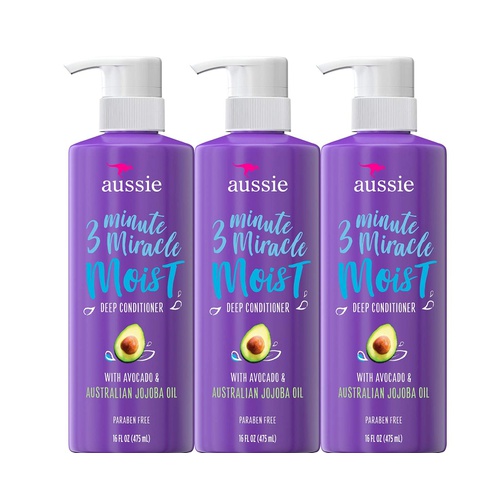  Aussie Deep Conditioner, with Avocado. Paraben Free, 3 Minute Miracle Moist, For Dry Hair, 16 Fl Oz, Triple Pack