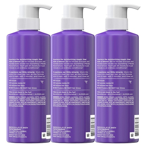  Aussie Deep Conditioner, with Avocado. Paraben Free, 3 Minute Miracle Moist, For Dry Hair, 16 Fl Oz, Triple Pack