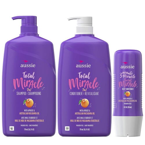  Aussie Total Miracle Shampoo, Conditioner and 3 Minute Miracle Deep Conditioner Hair Treatment Bundle, Infused with Apricot and Australian Macadamia Oil, Paraben Free