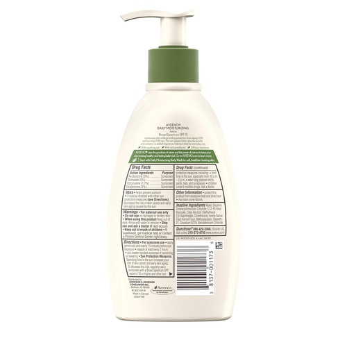  Aveeno Daily Moisturizing Body Lotion with Broad Spectrum SPF 15 Sunscreen, Soothing Oat & Rich Emollients to Nourish Dry Skin, Non-Greasy, 12 fl. oz