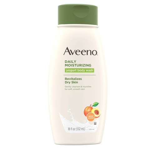  Aveeno Daily Moisturizing Yogurt Body Wash with Soothing Oat & Apricot Scent, Gentle Soap-Free Body Cleanser for Dry Skin, Dye-Free & Hypoallergenic, 18 fl. oz