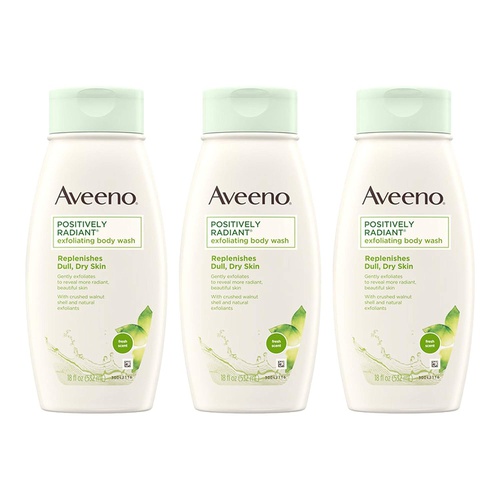  Aveeno Positively Radiant Exfoliating Body Wash with Moisture-Rich Soy Complex & Crushed Walnut Shell for Dry, Dull Skin, Soap-Free, Dye-Free & Hypoallergenic Formula, 18 fl. Oz (P