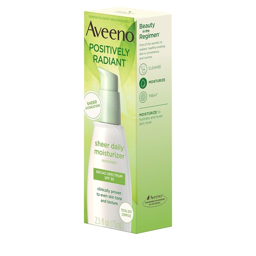  Aveeno Positively Radiant Sheer Daily Moisturizing Lotion for Dry Skin with Total Soy Complex and SPF 30 Sunscreen, Oil-Free and Non-Comedogenic, 2.5 fl. oz
