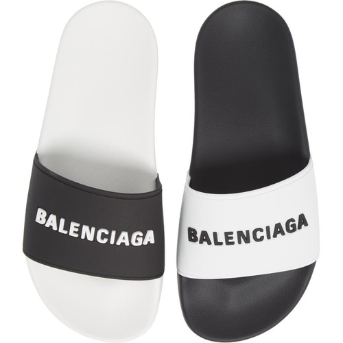 발렌시아가 Balenciaga Logo Mismatched Slide Sandal_WHITE/ BLACK/ BLACK