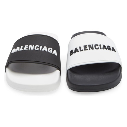 발렌시아가 Balenciaga Logo Mismatched Slide Sandal_WHITE/ BLACK/ BLACK