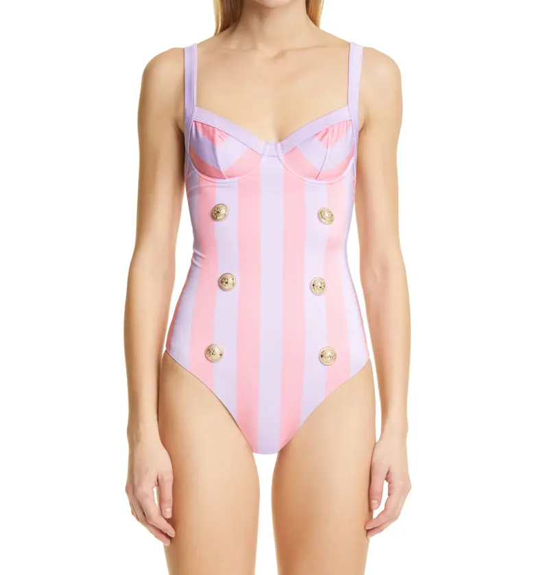 Balmain Stripe Button Detail One-Piece Swimsuit_LILAC/ CORAL PINK/ LILAC