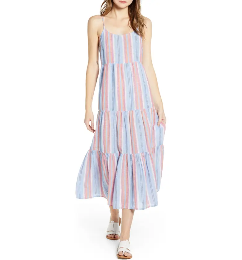 beachlunchlounge Lana Stripe Linen & Cotton Tiered Midi Sundress_ZEPHYR