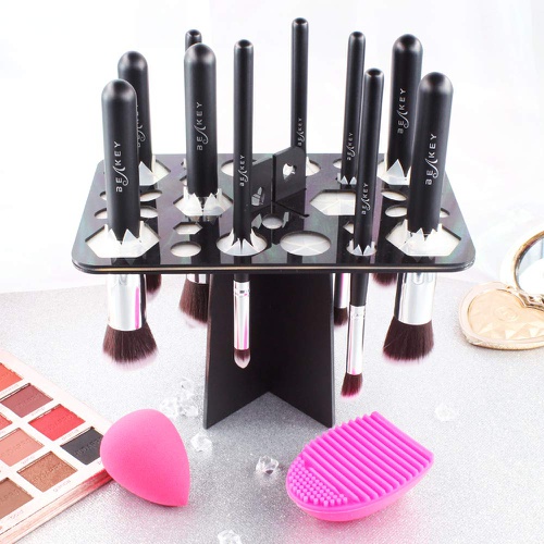  Makeup Brush Drying Rack, BEAKEY Collapsible Makeup Brush Holder, 28 Holes Makeup Brush Dryer stand - Black