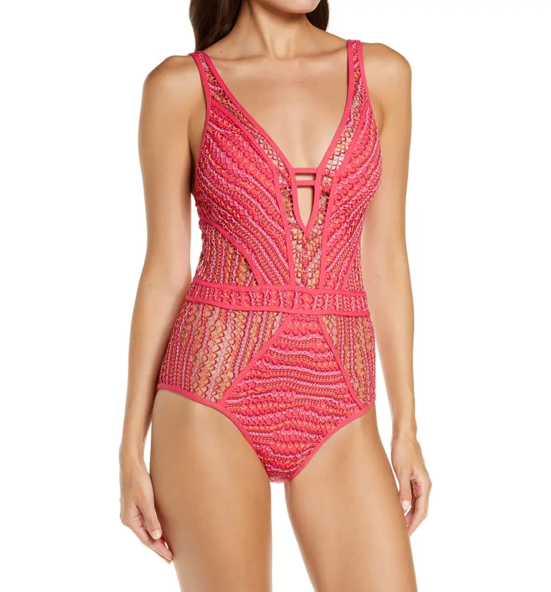 Becca Ascend Plunge One-Piece Swimsuit_CHERRY