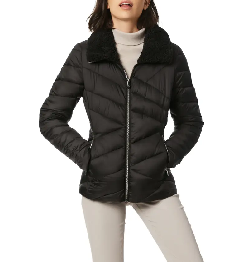 Bernardo Fleece Trim Quilted Puffer Coat_BLACK