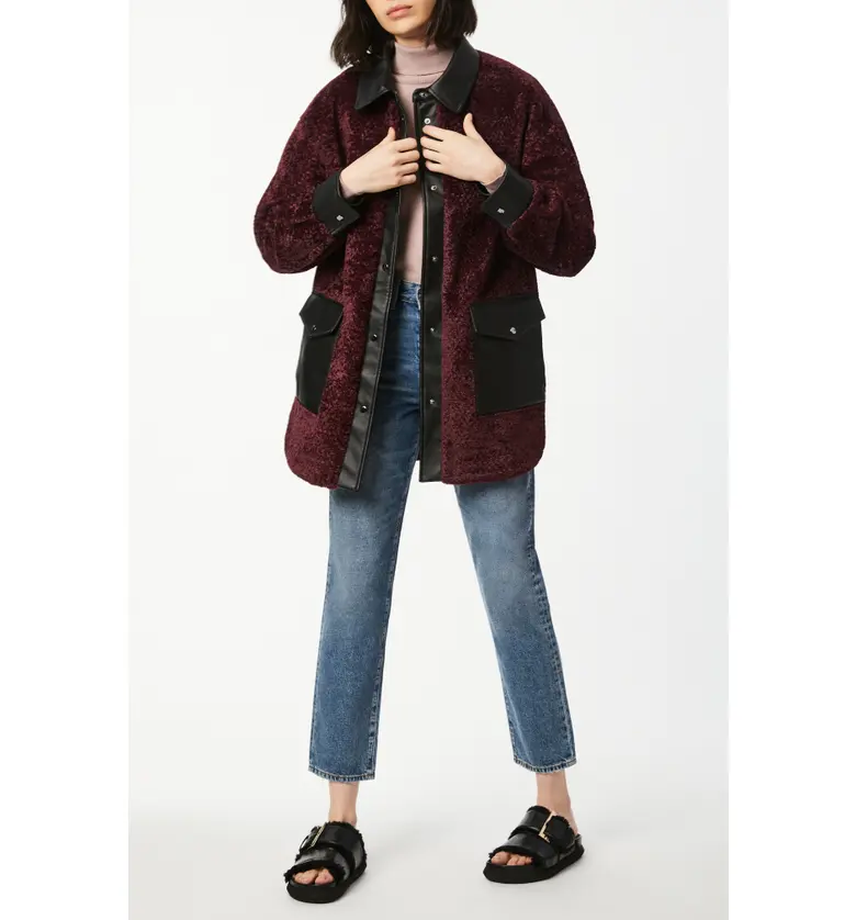  Bernardo Faux Shearling Shirt Jacket with Faux Leather Trim_MERLOT