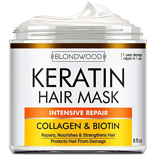  BLONDWOOD Keratin Hair Mask - Made in USA - Best Natural Biotin Keratin Collagen Treatment for Dry & Damaged Hair - Professional Collagen Hair Vitamin Complex for Hair Repair, Nourishment &