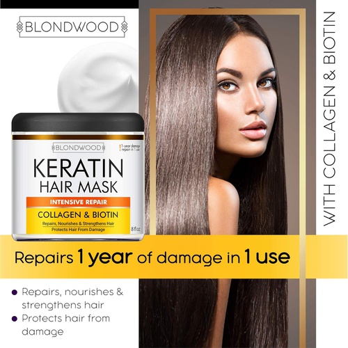  BLONDWOOD Keratin Hair Mask - Made in USA - Best Natural Biotin Keratin Collagen Treatment for Dry & Damaged Hair - Professional Collagen Hair Vitamin Complex for Hair Repair, Nourishment &