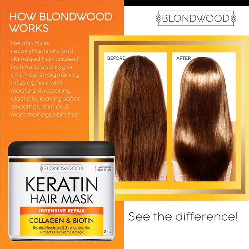  BLONDWOOD Keratin Hair Mask - Made in USA - Best Natural Biotin Keratin Collagen Treatment for Dry & Damaged Hair - Professional Collagen Hair Vitamin Complex for Hair Repair, Nourishment &