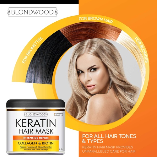  BLONDWOOD Keratin Hair Mask - Made in USA - Best Natural Biotin Keratin Collagen Treatment for Dry & Damaged Hair - Professional Collagen Hair Vitamin Complex for Hair Repair, Nourishment &