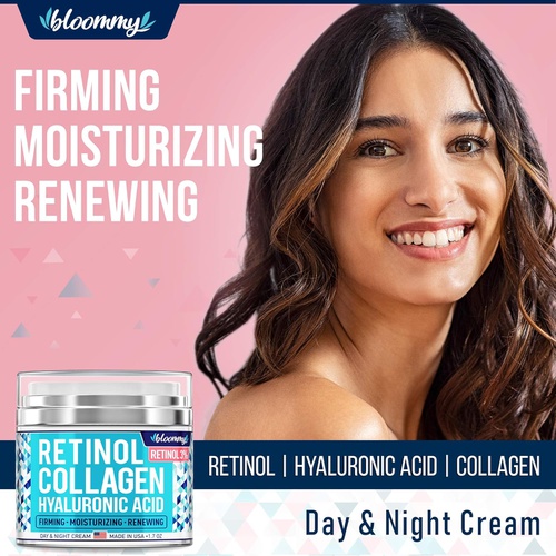  BLOOMMY Collagen & Retinol Cream for Face with Hyaluronic Acid - Made in USA - Collagen Anti Aging Cream & Retinol Moisturizer for Face - Anti Wrinkle Facial Cream - Day & Night Moisturize