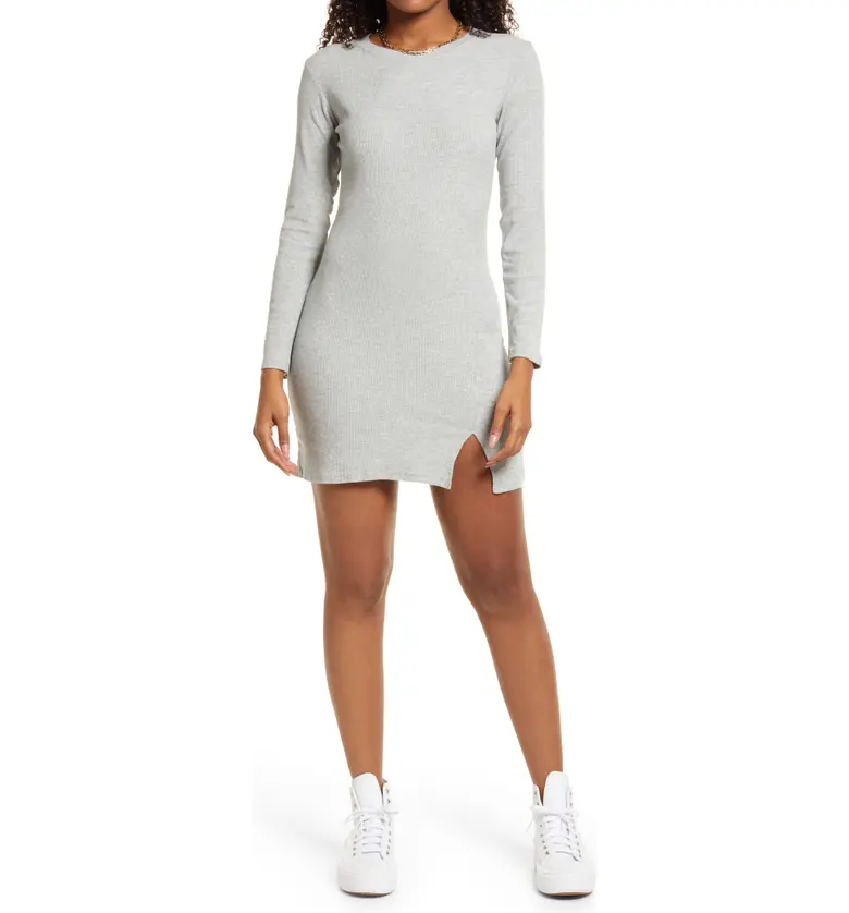 BP. Fitted Slit Long Sleeve Rib Dress_GREY HEATHER