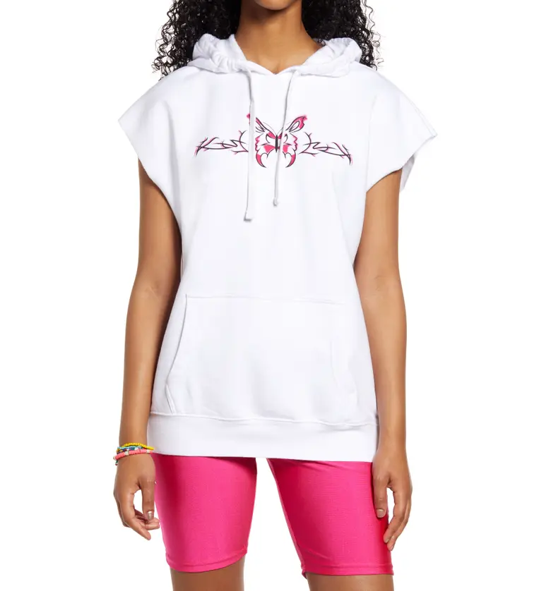 BP. Be Proud By BP. Gender Inclusive Organic Cotton Blend Sleeveless Hoodie_WHITE- PINK LG BUTTERFLY STAMP