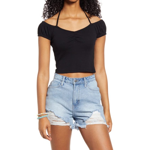  BP. Halter Neck Organic Cotton Blend Crop Top_BLACK