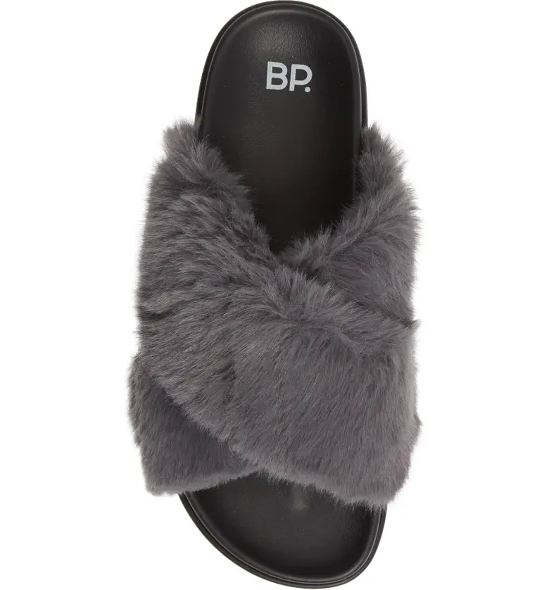  BP. Zoe Cross Band Faux Fur Slide Sandal_GREY
