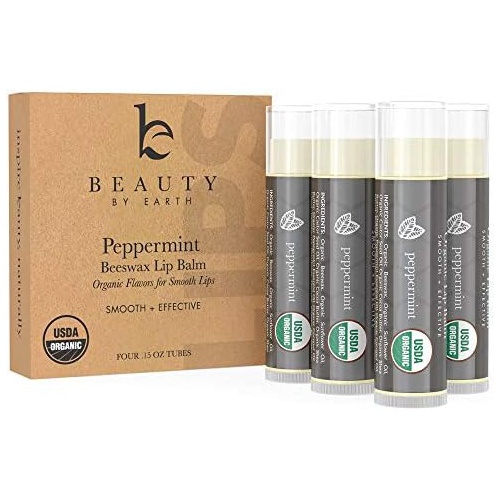  Beauty by Earth Organic Lip Balm Peppermint - 4 Pack of Natural Lip Balm, Lip Moisturizer, Lip Treatment for Dry Lips, Lip Care Gifts for Women or Men, Lip Repair, Organic Chapstick for Soft Lips,
