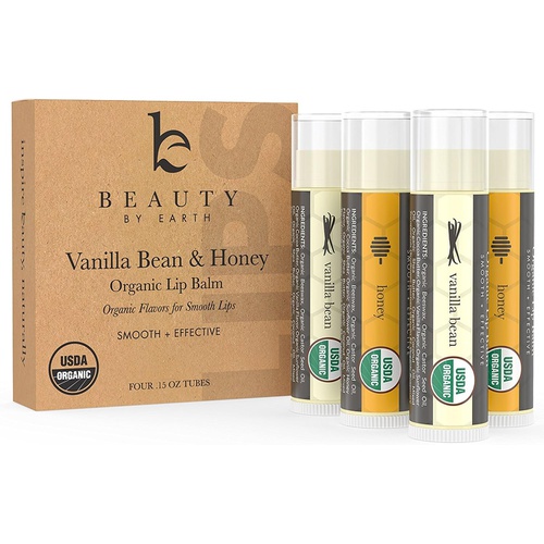  Beauty by Earth Organic Lip Balm Honey Vanilla - 4 Tubes of Natural Lip Balm, Lip Moisturizer, Lip Treatment for Dry Lips, Lip Care Gifts for Women or Men, Lip Repair, Organic Chapstick, Stocking